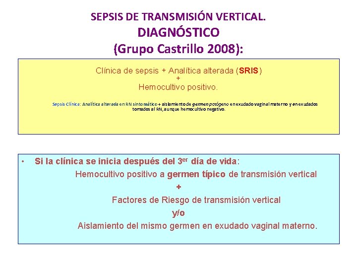 SEPSIS DE TRANSMISIÓN VERTICAL. DIAGNÓSTICO (Grupo Castrillo 2008): Clínica de sepsis + Analítica alterada
