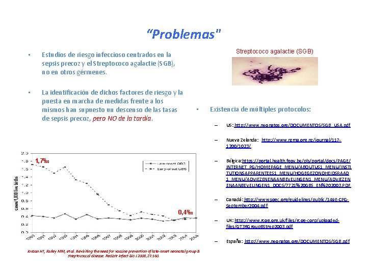 “Problemas" Streptococo agalactie (SGB) • Estudios de riesgo infeccioso centrados en la sepsis precoz