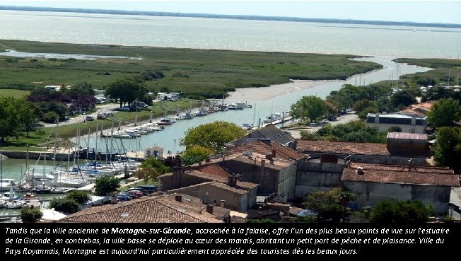 Tandis que la ville ancienne de Mortagne-sur-Gironde, accrochée à la falaise, offre l'un des Tandis que la ville ancienne de Mortagne-sur-Gironde, accrochée à la falaise, offre l'un des