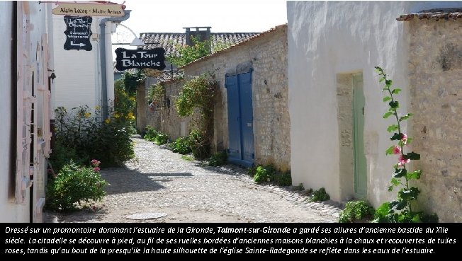 Dressé sur un promontoire dominant l'estuaire de la Gironde, Talmont-sur-Gironde a gardé ses allures Dressé sur un promontoire dominant l'estuaire de la Gironde, Talmont-sur-Gironde a gardé ses allures