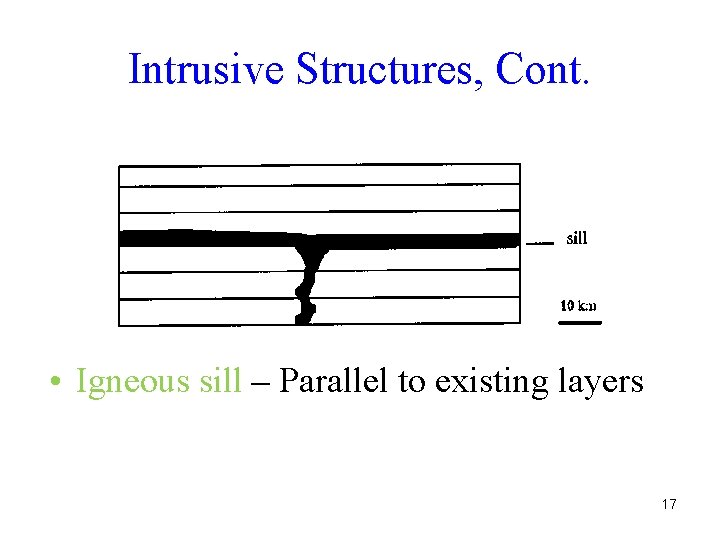 Intrusive Structures, Cont. • Igneous sill – Parallel to existing layers 17 