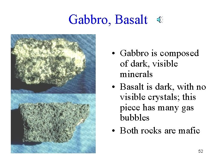 Gabbro, Basalt • Gabbro is composed of dark, visible minerals • Basalt is dark, Gabbro, Basalt • Gabbro is composed of dark, visible minerals • Basalt is dark,