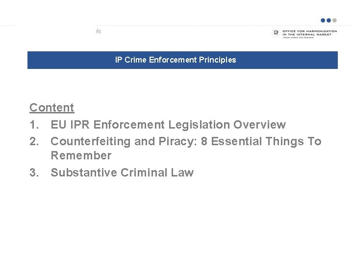 Examples of business models IP Crime Enforcement Principles Content 1. EU IPR Enforcement Legislation