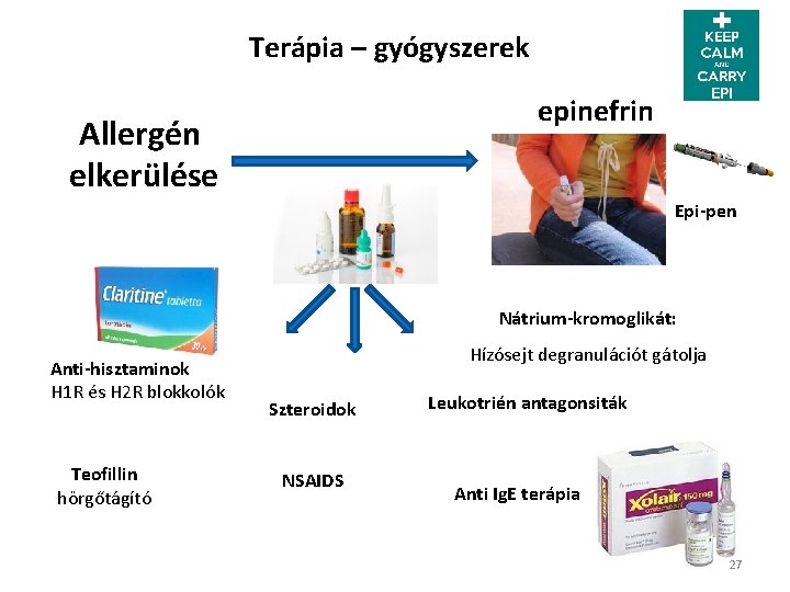 Terápia – gyógyszerek epinefrin Allergén elkerülése Epi-pen Nátrium-kromoglikát: Anti-hisztaminok H 1 R és H