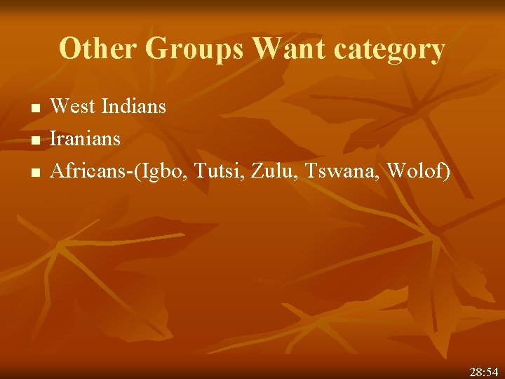 Other Groups Want category n n n West Indians Iranians Africans-(Igbo, Tutsi, Zulu, Tswana, Other Groups Want category n n n West Indians Iranians Africans-(Igbo, Tutsi, Zulu, Tswana,