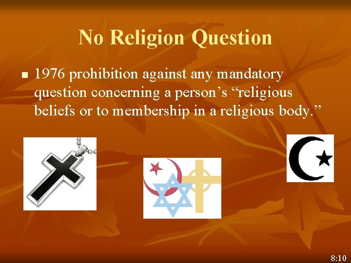 No Religion Question n 1976 prohibition against any mandatory question concerning a person’s “religious