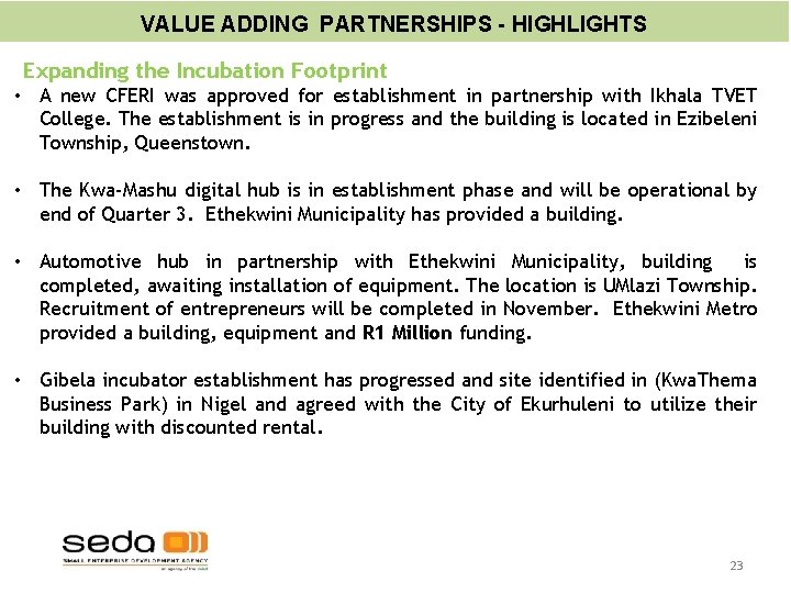 VALUE ADDING PARTNERSHIPS - HIGHLIGHTS Expanding the Incubation Footprint • A new CFERI was VALUE ADDING PARTNERSHIPS - HIGHLIGHTS Expanding the Incubation Footprint • A new CFERI was