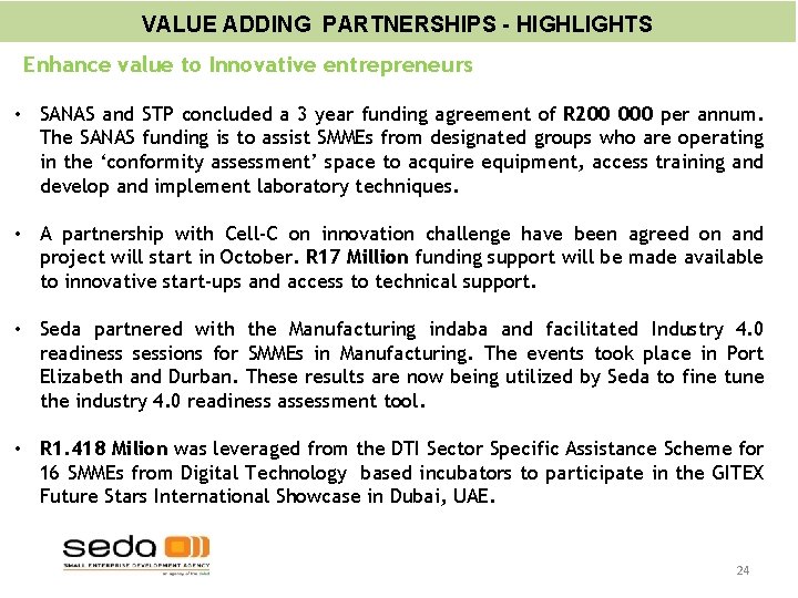 VALUE ADDING PARTNERSHIPS - HIGHLIGHTS Enhance value to Innovative entrepreneurs • SANAS and STP VALUE ADDING PARTNERSHIPS - HIGHLIGHTS Enhance value to Innovative entrepreneurs • SANAS and STP