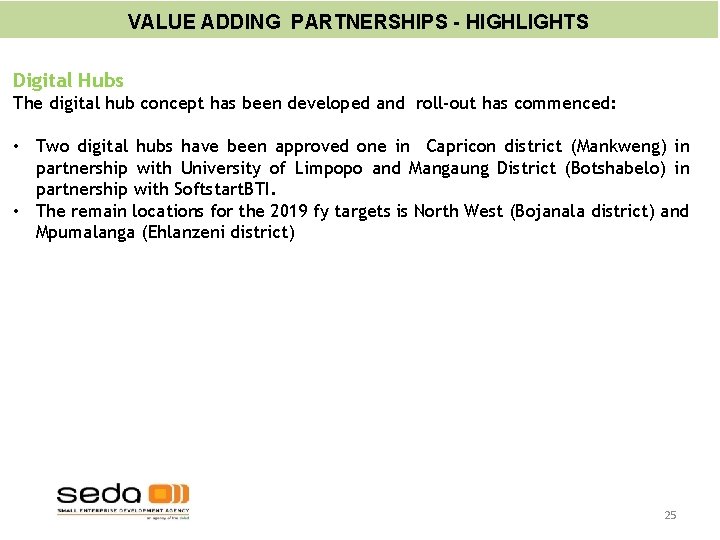 VALUE ADDING PARTNERSHIPS - HIGHLIGHTS Digital Hubs The digital hub concept has been developed VALUE ADDING PARTNERSHIPS - HIGHLIGHTS Digital Hubs The digital hub concept has been developed