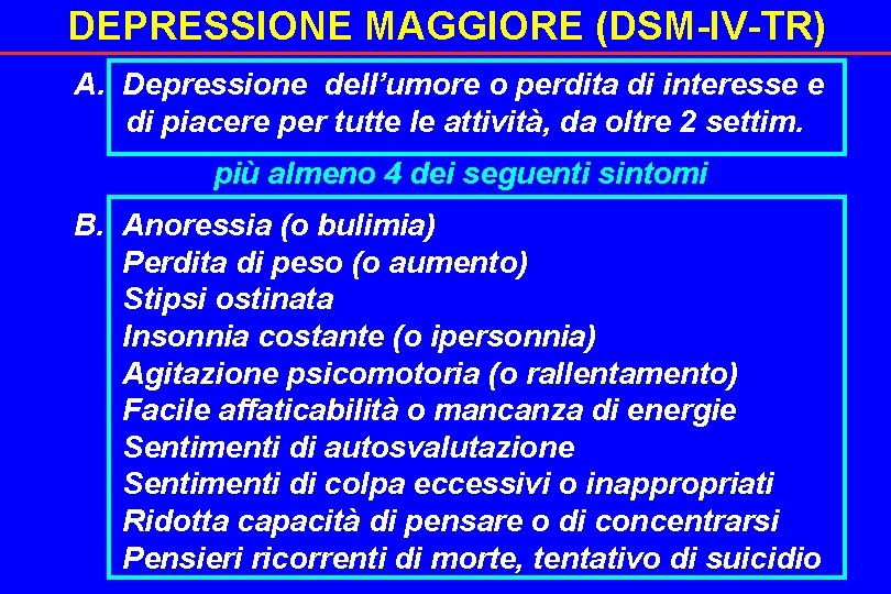 DEPRESSIONE MAGGIORE (DSM-IV-TR) A. Depressione dell’umore o perdita di interesse e di piacere per