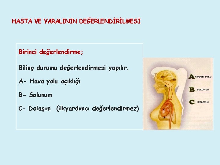 HASTA VE YARALININ DEĞERLENDİRİLMESİ Birinci değerlendirme; Bilinç durumu değerlendirmesi yapılır. A- Hava yolu açıklığı