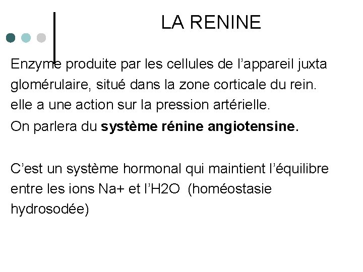 LA RENINE Enzyme produite par les cellules de l’appareil juxta glomérulaire, situé dans la