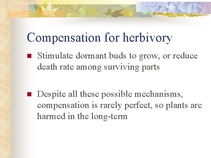 Compensation for herbivory n Stimulate dormant buds to grow, or reduce death rate among