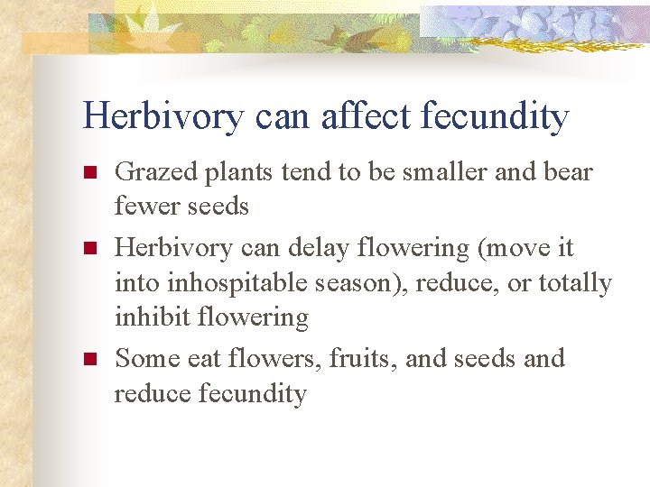 Herbivory can affect fecundity n n n Grazed plants tend to be smaller and