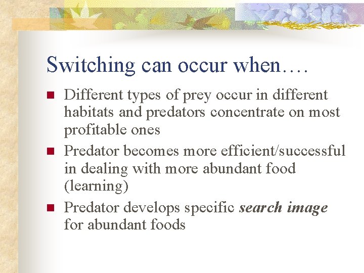 Switching can occur when…. n n n Different types of prey occur in different