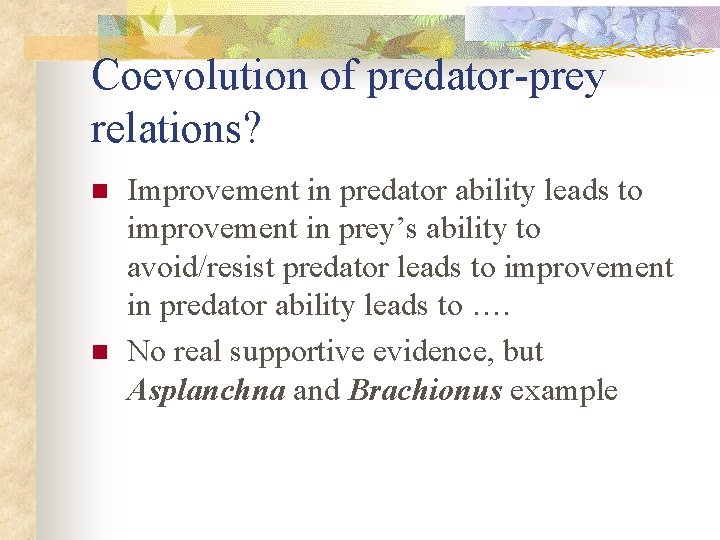 Coevolution of predator-prey relations? n n Improvement in predator ability leads to improvement in