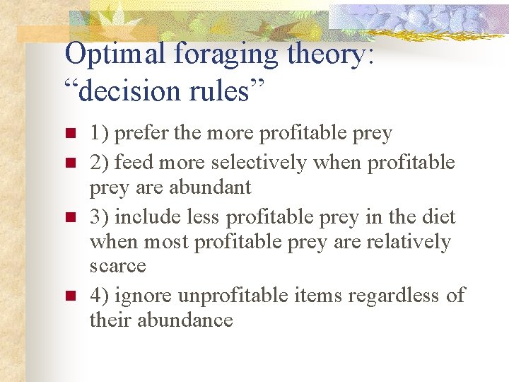 Optimal foraging theory: “decision rules” n n 1) prefer the more profitable prey 2)