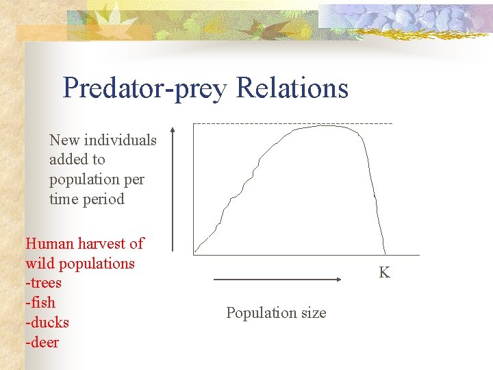 Predator-prey Relations New individuals added to population per time period Human harvest of wild