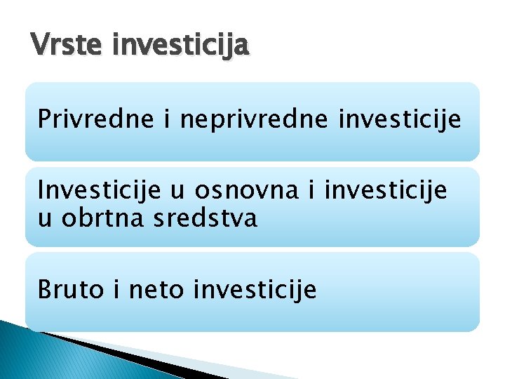 Vrste investicija Privredne i neprivredne investicije Investicije u osnovna i investicije u obrtna sredstva