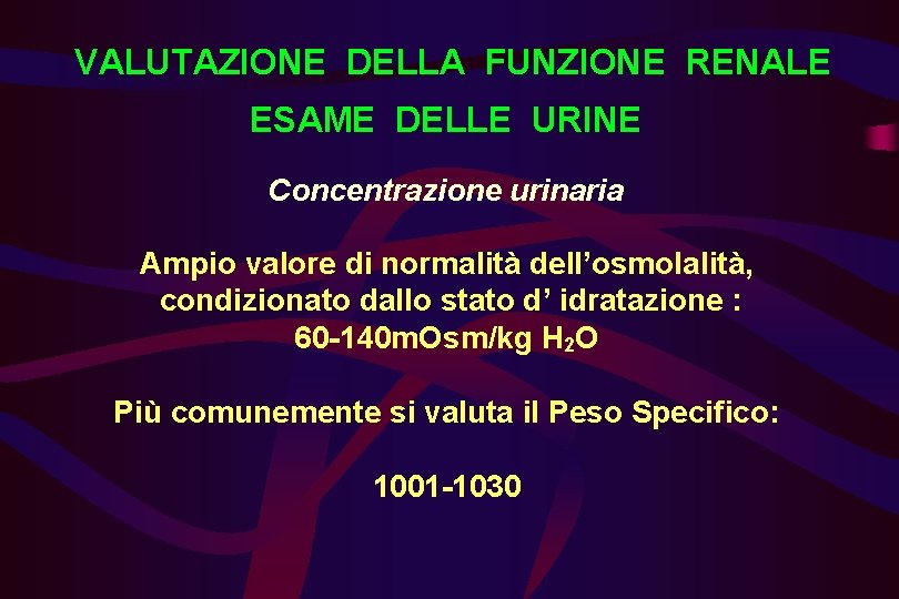 VALUTAZIONE DELLA FUNZIONE RENALE ESAME DELLE URINE Concentrazione urinaria Ampio valore di normalità dell’osmolalità,