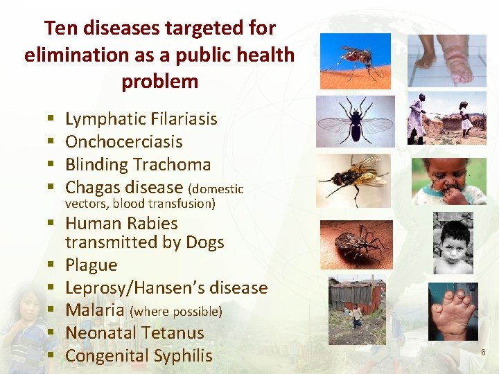 Ten diseases targeted for elimination as a public health problem Lymphatic Filariasis Onchocerciasis Blinding