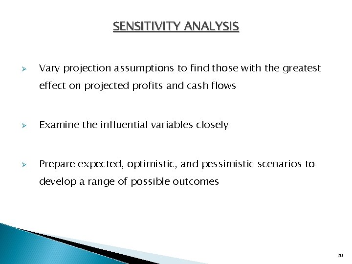 SENSITIVITY ANALYSIS Ø Vary projection assumptions to find those with the greatest effect on