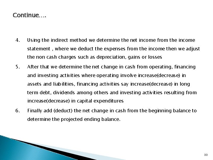 Continue…. 4. Using the indirect method we determine the net income from the income