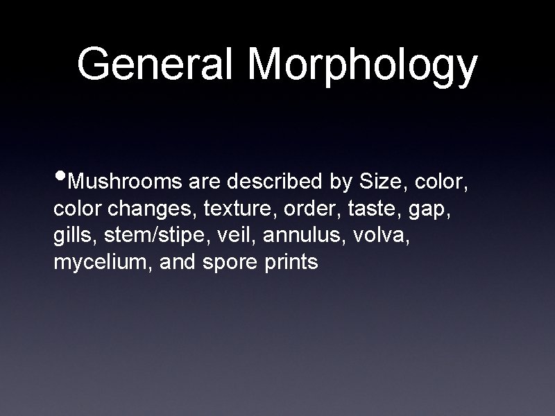 General Morphology • Mushrooms are described by Size, color changes, texture, order, taste, gap,