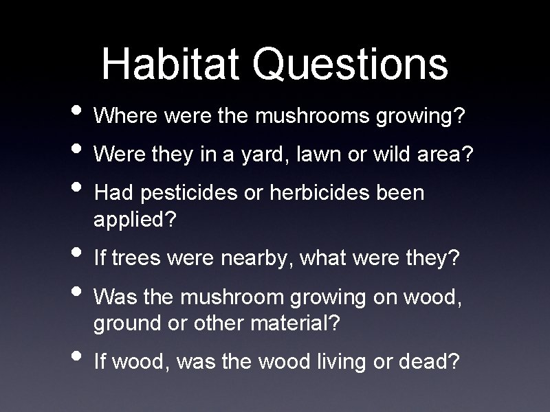 Habitat Questions • Where were the mushrooms growing? • Were they in a yard,