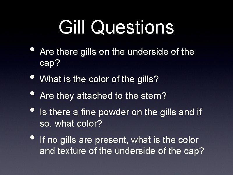 Gill Questions • Are there gills on the underside of the cap? • What