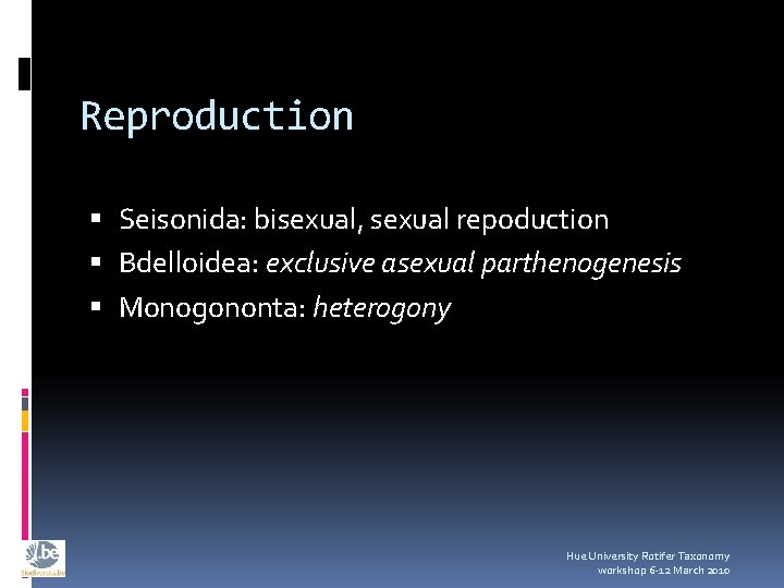 Reproduction Seisonida: bisexual, sexual repoduction Bdelloidea: exclusive asexual parthenogenesis Monogononta: heterogony Hue University Rotifer