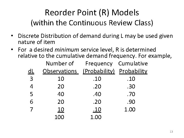 Reorder Point (R) Models (within the Continuous Review Class) • Discrete Distribution of demand