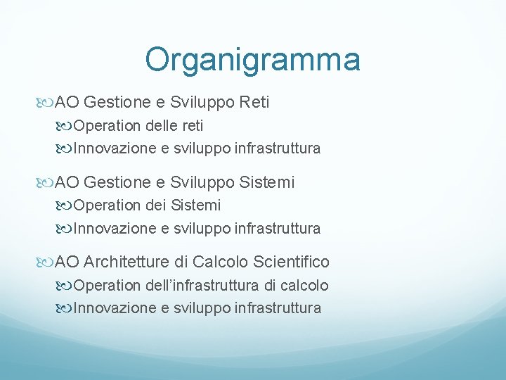 Organigramma AO Gestione e Sviluppo Reti Operation delle reti Innovazione e sviluppo infrastruttura AO