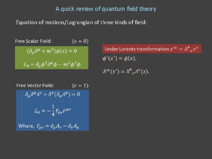 A quick review of quantum field theory Equation of motions/Lagrangian of three kinds of A quick review of quantum field theory Equation of motions/Lagrangian of three kinds of