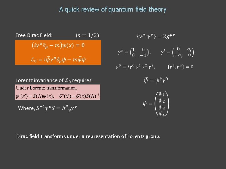 A quick review of quantum field theory Dirac field transforms under a representation of A quick review of quantum field theory Dirac field transforms under a representation of