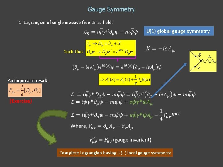 Gauge Symmetry 1. Lagrangian of single massive free Dirac field: Such that U(1) global Gauge Symmetry 1. Lagrangian of single massive free Dirac field: Such that U(1) global
