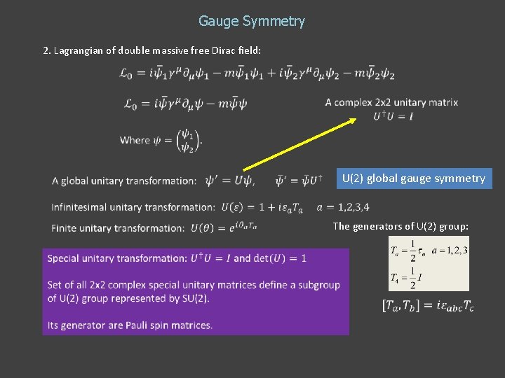 Gauge Symmetry 2. Lagrangian of double massive free Dirac field: U(2) global gauge symmetry Gauge Symmetry 2. Lagrangian of double massive free Dirac field: U(2) global gauge symmetry