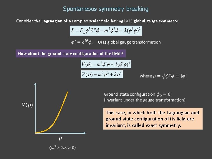 Spontaneous symmetry breaking Consider the Lagrangian of a complex scalar field having U(1) global Spontaneous symmetry breaking Consider the Lagrangian of a complex scalar field having U(1) global