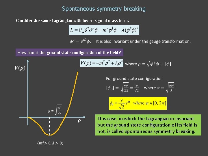 Spontaneous symmetry breaking Consider the same Lagrangian with invert sign of mass term. How Spontaneous symmetry breaking Consider the same Lagrangian with invert sign of mass term. How