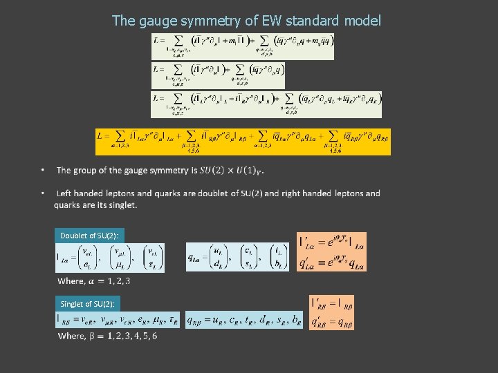 The gauge symmetry of EW standard model Doublet of SU(2): Singlet of SU(2): The gauge symmetry of EW standard model Doublet of SU(2): Singlet of SU(2):