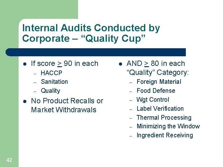 Internal Audits Conducted by Corporate – “Quality Cup” l If score > 90 in