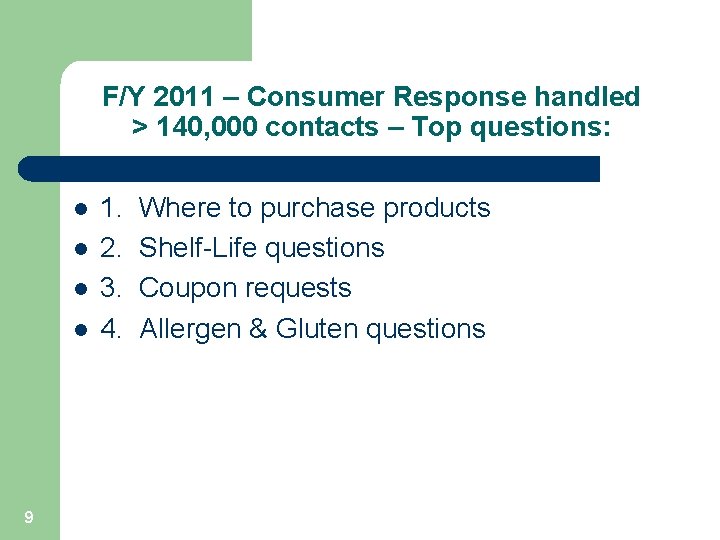 F/Y 2011 – Consumer Response handled > 140, 000 contacts – Top questions: l
