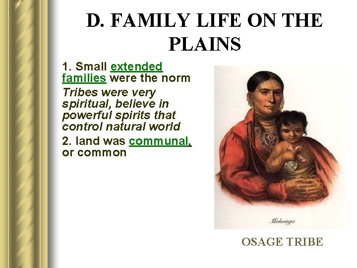 D. FAMILY LIFE ON THE PLAINS 1. Small extended families were the norm Tribes