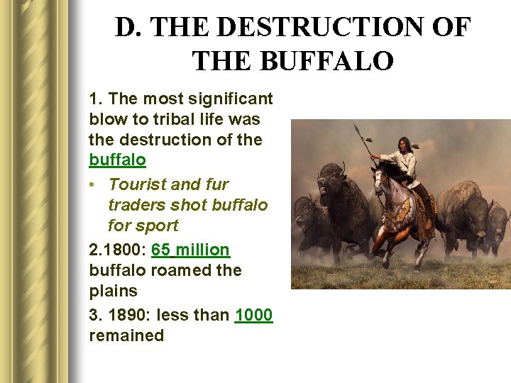 D. THE DESTRUCTION OF THE BUFFALO 1. The most significant blow to tribal life