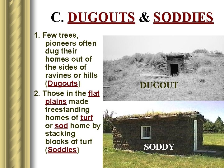 C. DUGOUTS & SODDIES 1. Few trees, pioneers often dug their homes out of