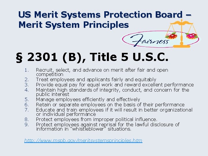 US Merit Systems Protection Board – Merit System Principles § 2301 (B), Title 5