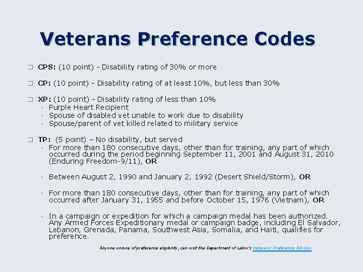 Veterans Preference Codes � CPS: (10 point) - Disability rating of 30% or more