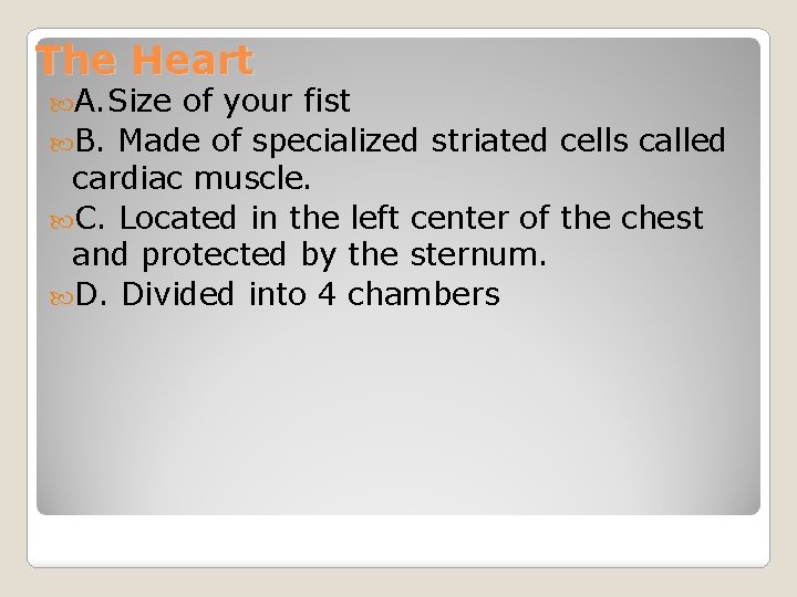 The Heart A. Size of your fist B. Made of specialized striated cells called The Heart A. Size of your fist B. Made of specialized striated cells called
