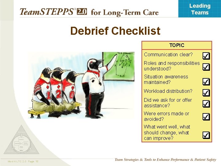 Leading Teams Debrief Checklist TOPIC Communication clear? Roles and responsibilities understood? Situation awareness maintained?