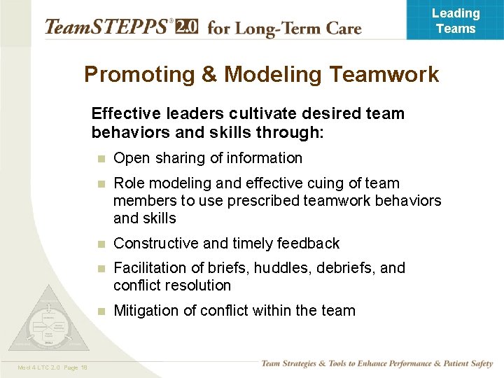 Leading Teams Promoting & Modeling Teamwork Effective leaders cultivate desired team behaviors and skills